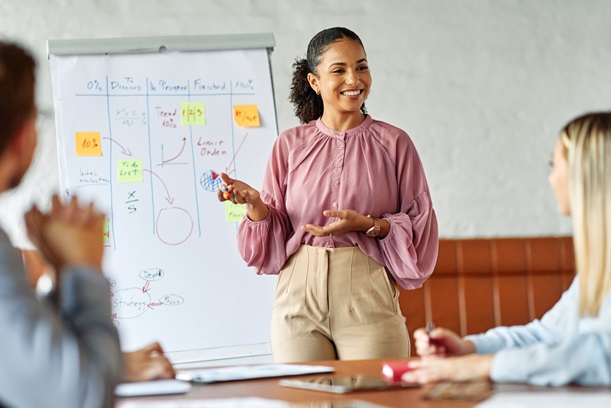 Project Manager presenting her plan of action using Prince2 methods with the team