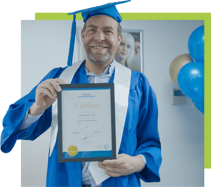 Andrew MacDonald beaming with pride at his Pitman Training Newcastle graduation ceremony, wearing traditional cap and gown