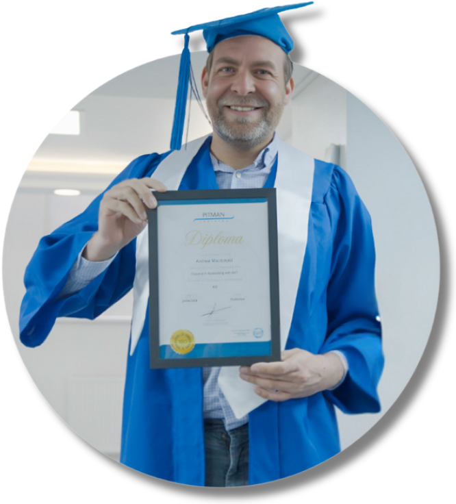 Andrew MacDonald in a cap and gown celebrating Graduate of the Year at Pitman Training Newcastle